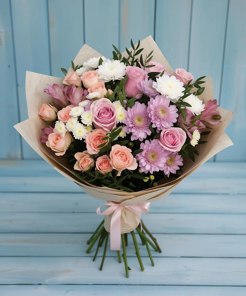 Букет цветов из: Хризантемы, Розы и Альстромерии в Строкино