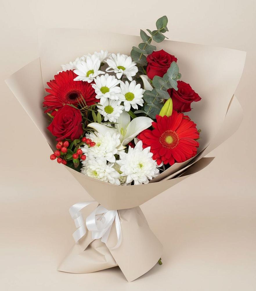 Букет цветов из: Розы, Хризантемы, Герберы и Лилии в Строкино