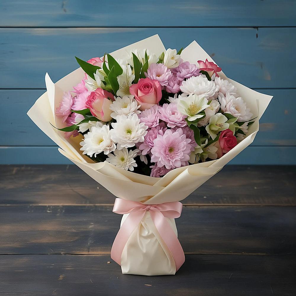 Букет цветов из: Хризантемы, Альстромерии и Розы в Строкино